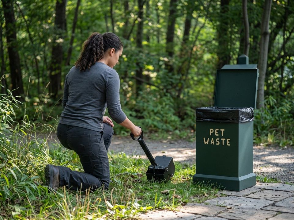 Kneeling on a wooded trail, scooping pet waste into a green PET WASTE receptacle
